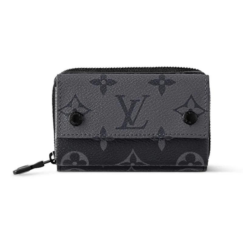 LOUIS VUITTON Coated Canvas Cow Leather Patchwork Trim Wallet Men's Black & Gray-0