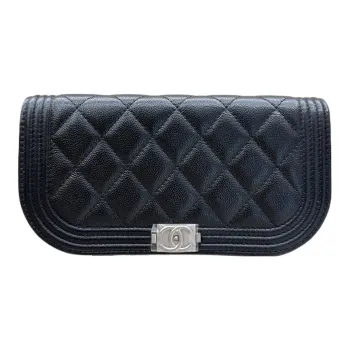 CHANEL Grained Embossed Cow Leather Wallet Cell Phone Pouch Clutch Regular Women's Black