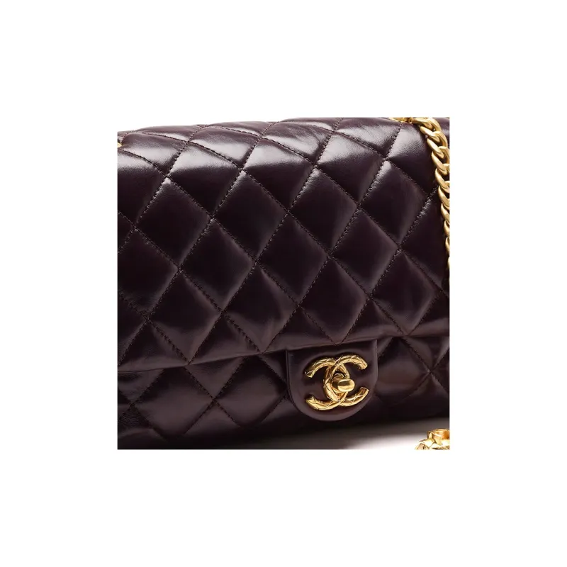 CHANEL 22K Autumn And Winter Sheepskin With Metal Detail Mouth Cover Bag Crossbody Bag Women's Dark Brown-3