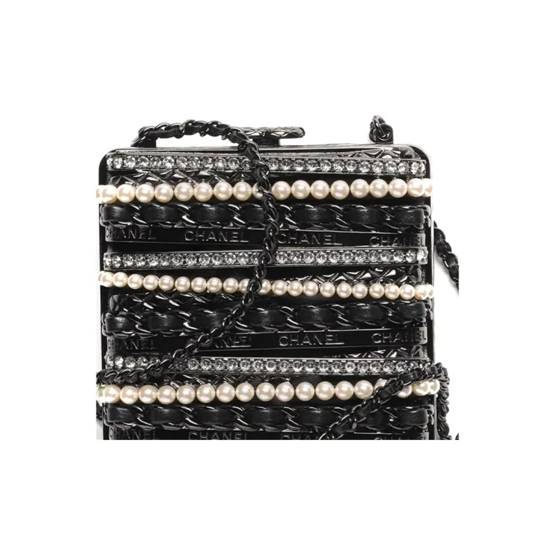 CHANEL 22K Autumn And Winter Lambskin Rhinestone Pearl Evening Bag, Shoulder Bag, Crossbody Bag Trumpets Women's Black-3