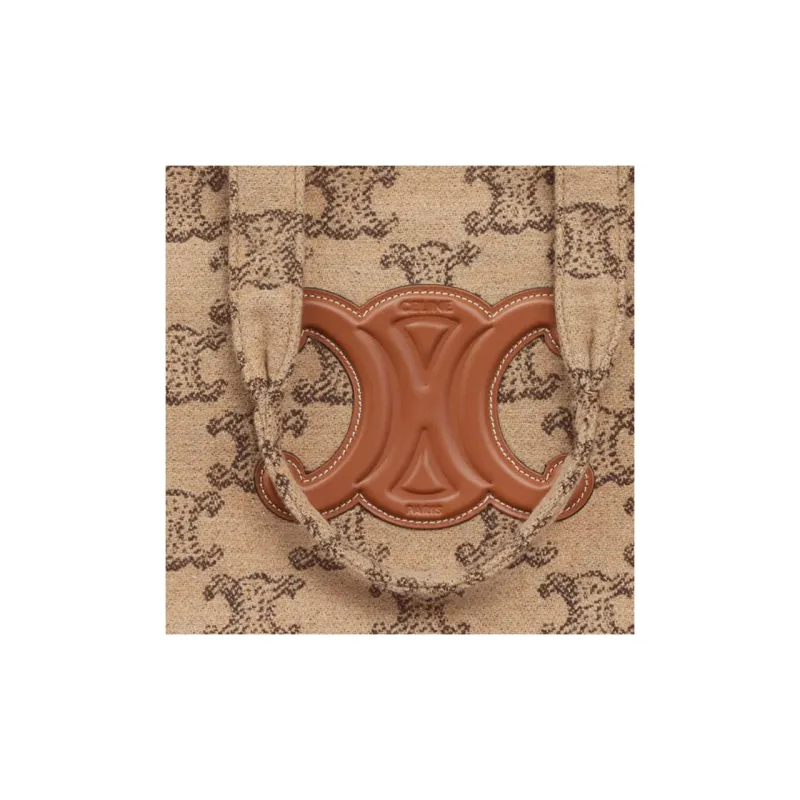 CELINE Triomphe Fabric With Calfskin Tote Bag Shopping Bag Handbag Large Size Women's Camel-4