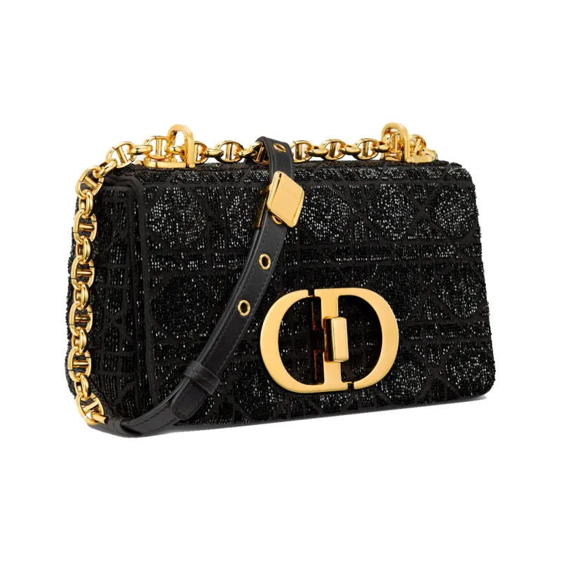 DIOR Caro Micro Pearl Embroidery Cannage Cotton Fabric Shoulder Bag, Crossbody Bag Small Size Women's Black-1