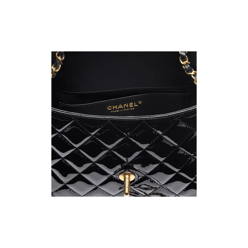 CHANEL 22K Autumn And Winter Patent Leather Calfskin With Gold Metal Flap Crossbody Bag Shoulder Bag Women's Black-2