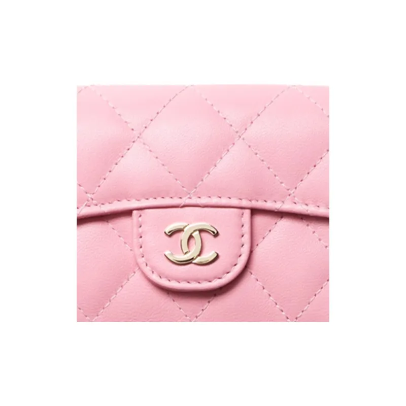 CHANEL 22K Autumn And Winter Sheepskin With Gold Metal Pocket Cover Wallet Small Size Women's Light Pink Red-3
