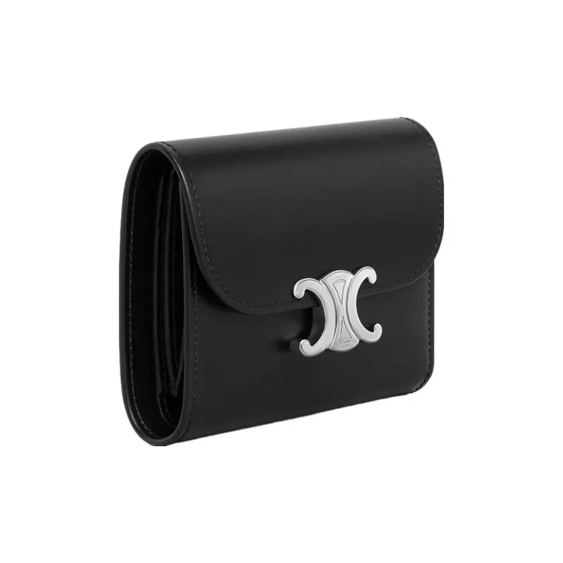 CELINE Triomphe Shiny Calfskin Wallet Small Size Women's Black-1