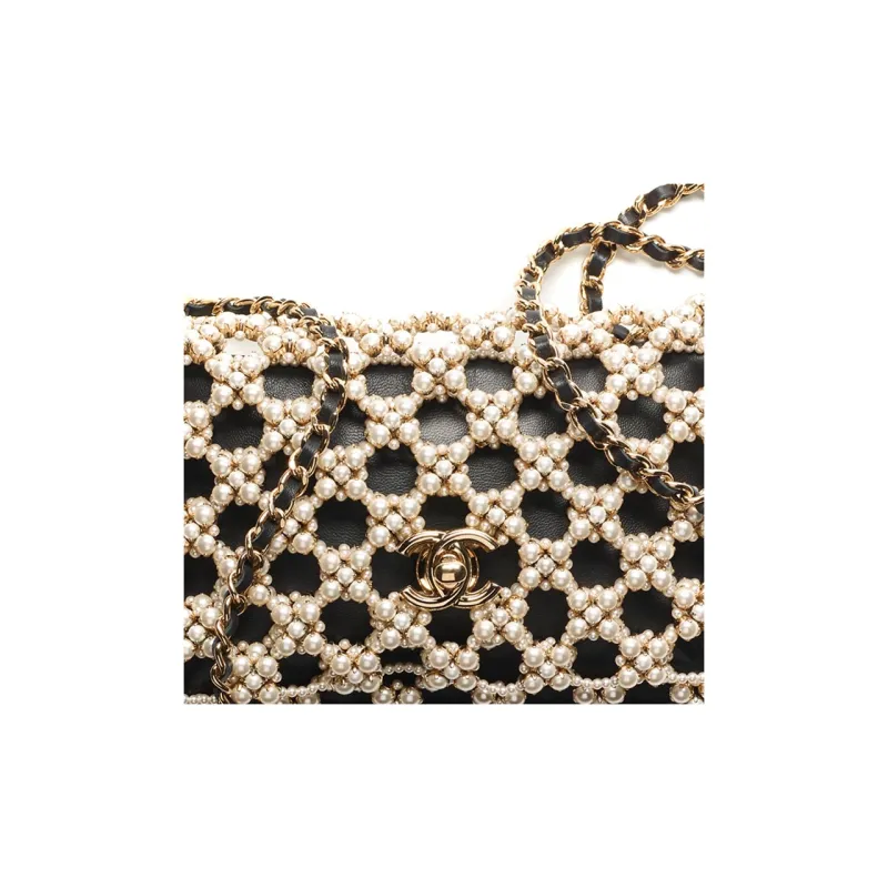 CHANEL 22K Autumn And Winter Lambskin With Tweed Evening Bag, Shoulder Bag, Crossbody Bag Trumpets Women's Black-2