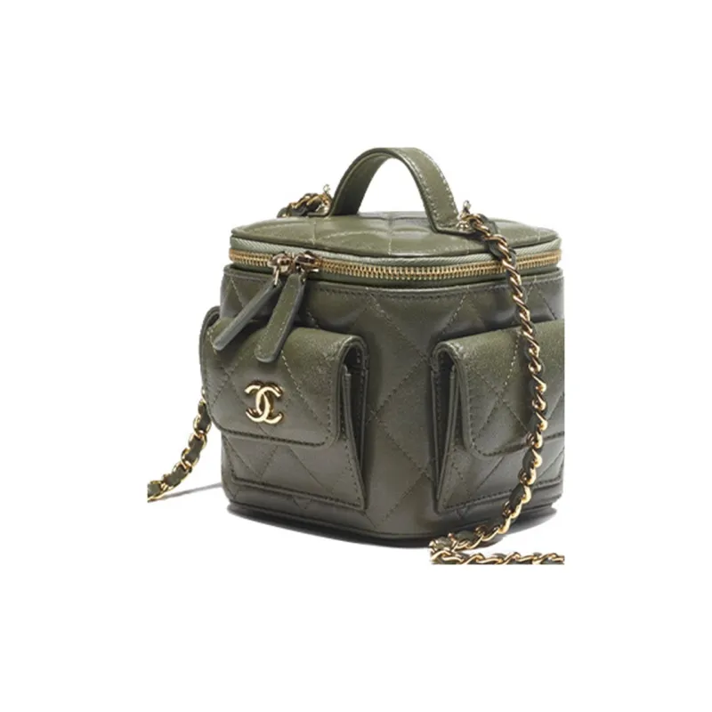 CHANEL 22K Autumn And Winter Sheepskin Crossbody Bag Makeup Bag Small Size Women's Olive Green-2