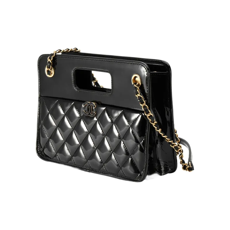 CHANEL 23P SS Patent Calfskin Tote Bag Shopping Bag Shoulder Bag Crossbody Bag Handbag Small Size Women's Black-1