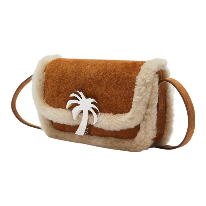 PALM ANGELS Sheepskin Patchwork With Cow Leather Crossbody Bag Shoulder Bag Women's Brown Beige-1