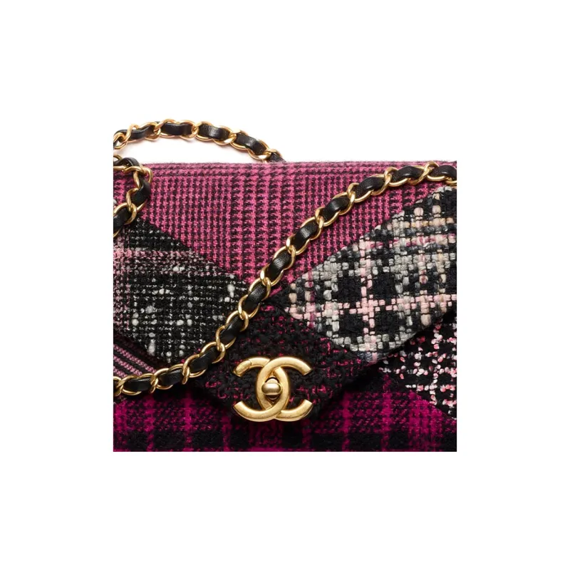 CHANEL Twill Soft Woolen Patchwork Fabric & Gold Metal Flap Bag, Shoulder Bag, Crossbody Bag Women's Black/Pink/White-2
