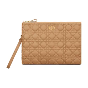 DIOR Caro Soft Calfskin Portable Clutch Large Size Women's Tan