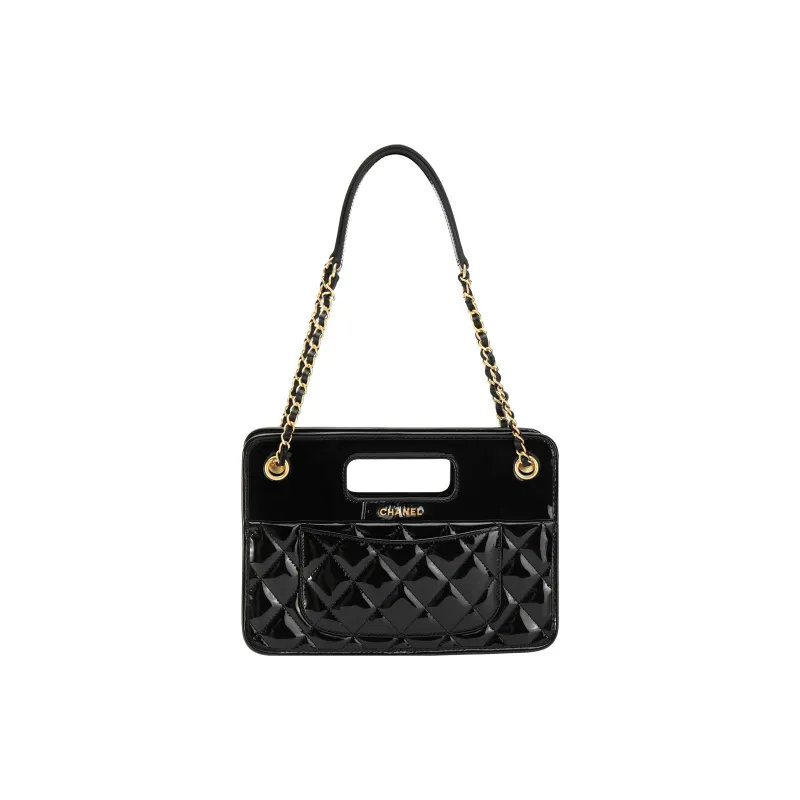 CHANEL 23P SS Patent Calfskin Tote Bag Shopping Bag Shoulder Bag Crossbody Bag Handbag Small Size Women's Black-2