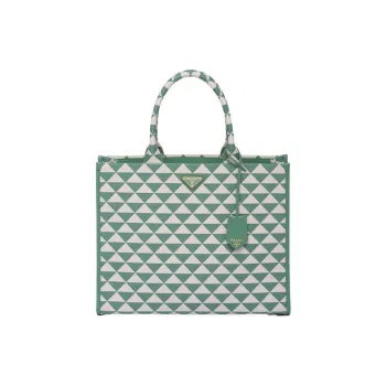 PRADA Symbole Fabric With Leather Tote Bag Shopping Bag Handbag Large Size Women's Sage Green With White Agate Accents