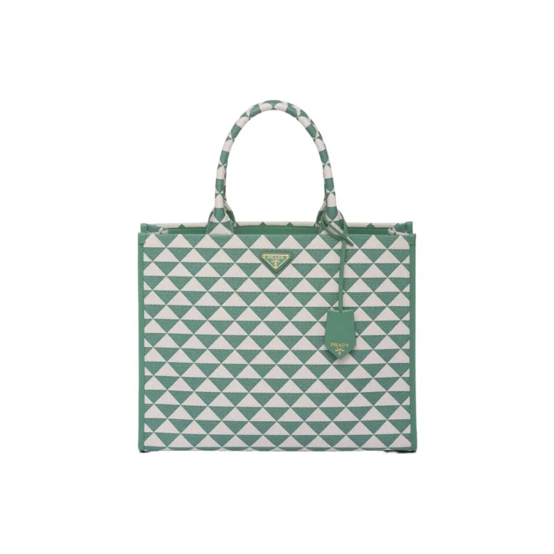 PRADA Symbole Fabric With Leather Tote Bag Shopping Bag Handbag Large Size Women's Sage Green With White Agate Accents-0