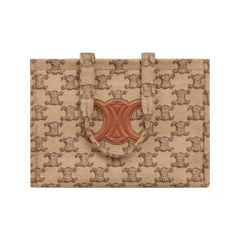 CELINE Triomphe Fabric With Calfskin Tote Bag Shopping Bag Handbag Large Size Women's Camel