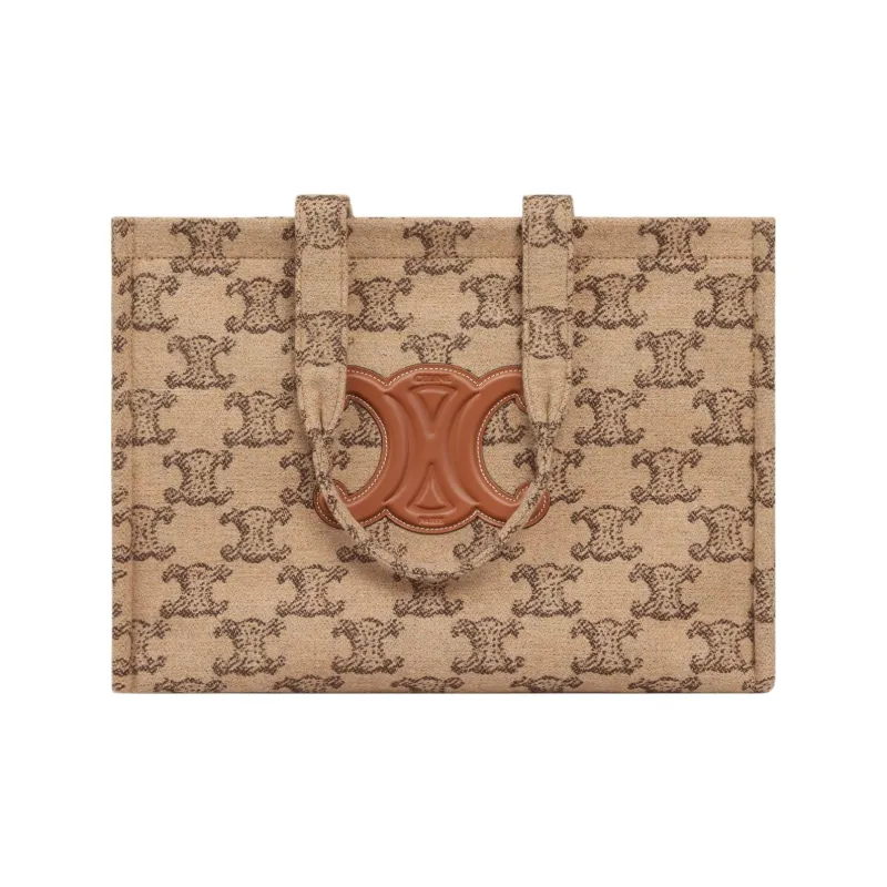 CELINE Triomphe Fabric With Calfskin Tote Bag Shopping Bag Handbag Large Size Women's Camel-0