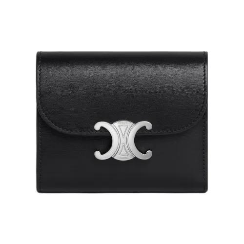 CELINE Triomphe Shiny Calfskin Wallet Small Size Women's Black