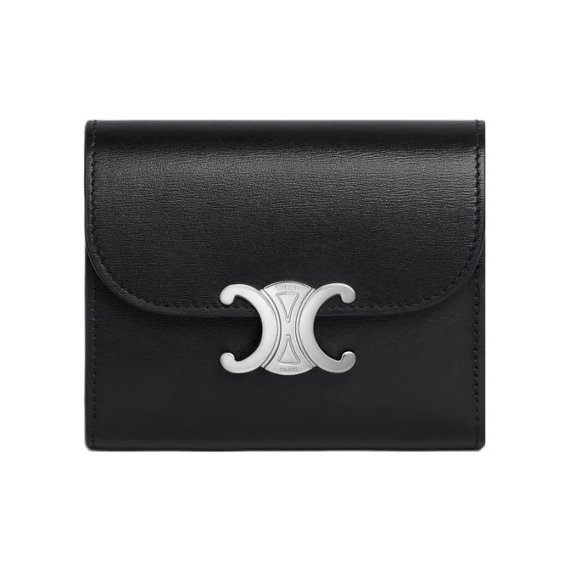 CELINE Triomphe Shiny Calfskin Wallet Small Size Women's Black-0