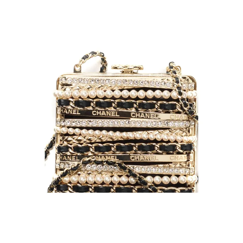 CHANEL 22K Autumn And Winter Lambskin Rhinestone Pearl Evening Bag, Crossbody Bag, Shoulder Bag Trumpets Women's Gold-3