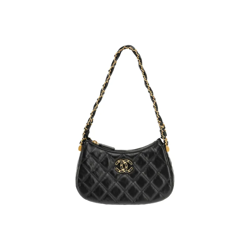 CHANEL Cow Leather Shoulder Bag, Hobo Bag, Handbag Trumpets Women's Black-0