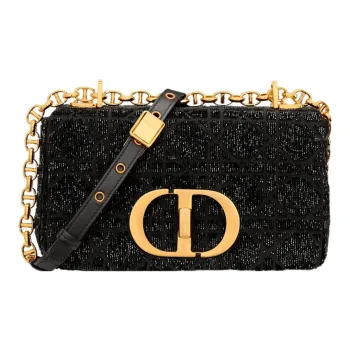 DIOR Caro Micro Pearl Embroidery Cannage Cotton Fabric Shoulder Bag, Crossbody Bag Small Size Women's Black