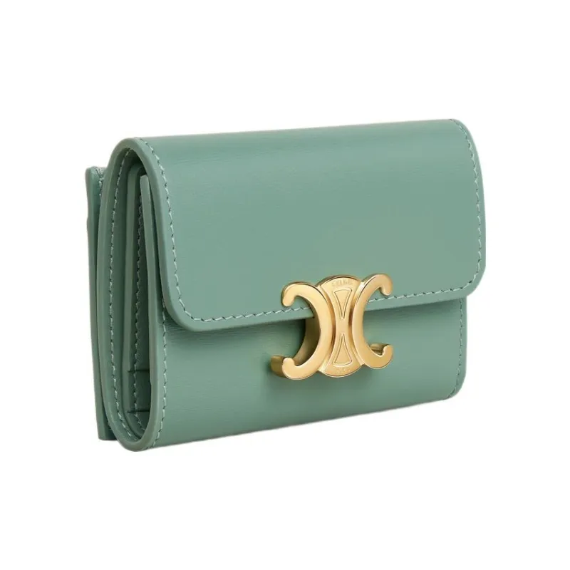 CELINE Triomphe Shiny Calfskin Wallet Women's Green-1
