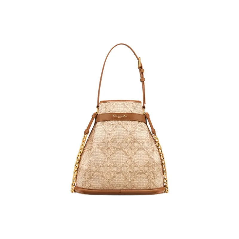 DIOR C'est Dior Natural Wicker Raffia With Calfskin Bucket Bag Handbag Shoulder Bag Women's Beige & Brown-2
