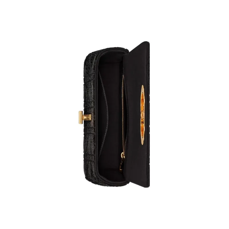 DIOR Caro Micro Pearl Embroidery Cannage Cotton Fabric Shoulder Bag, Crossbody Bag Small Size Women's Black-3