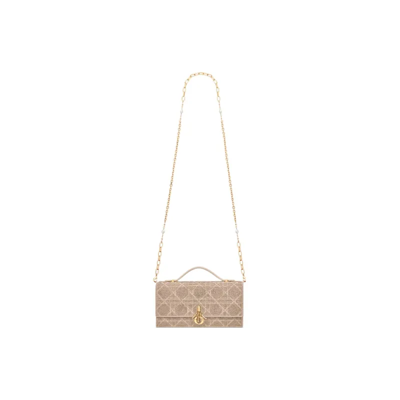 DIOR Cotton Beaded Embroidery Shoulder Bag Crossbody Bag Handbag Mini Women's Caramel Beige-4