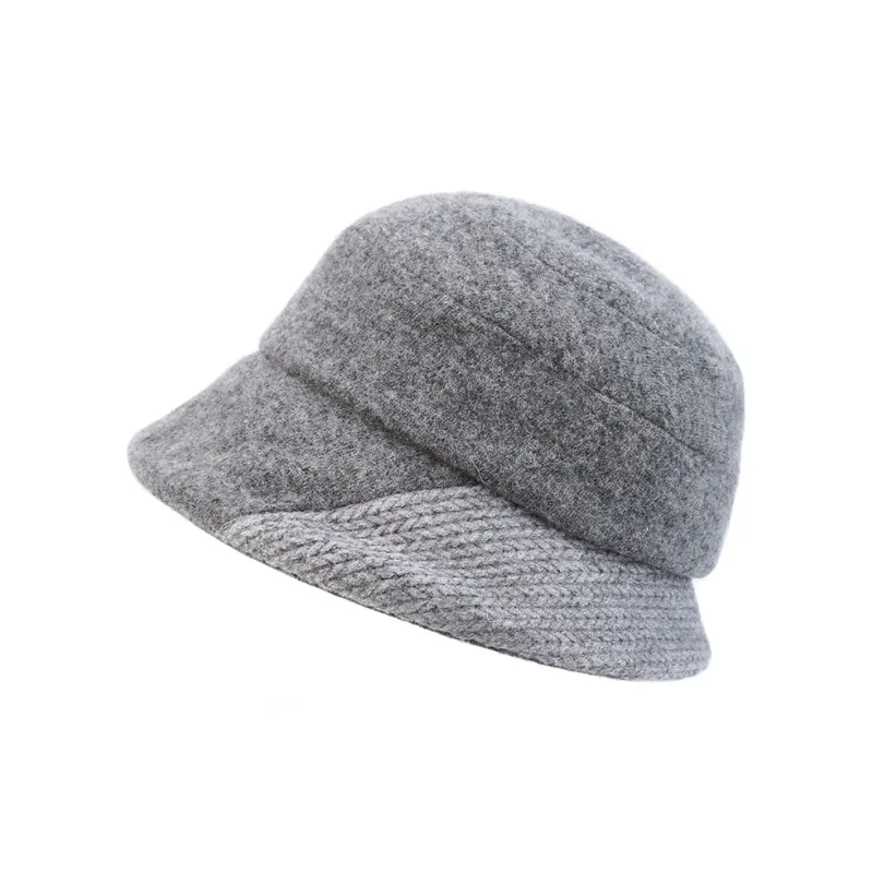 MARJAKURKI Sheep Wool Gray Square Round Face With Large Head Circumference Advanced Bucket Hat Women's-0