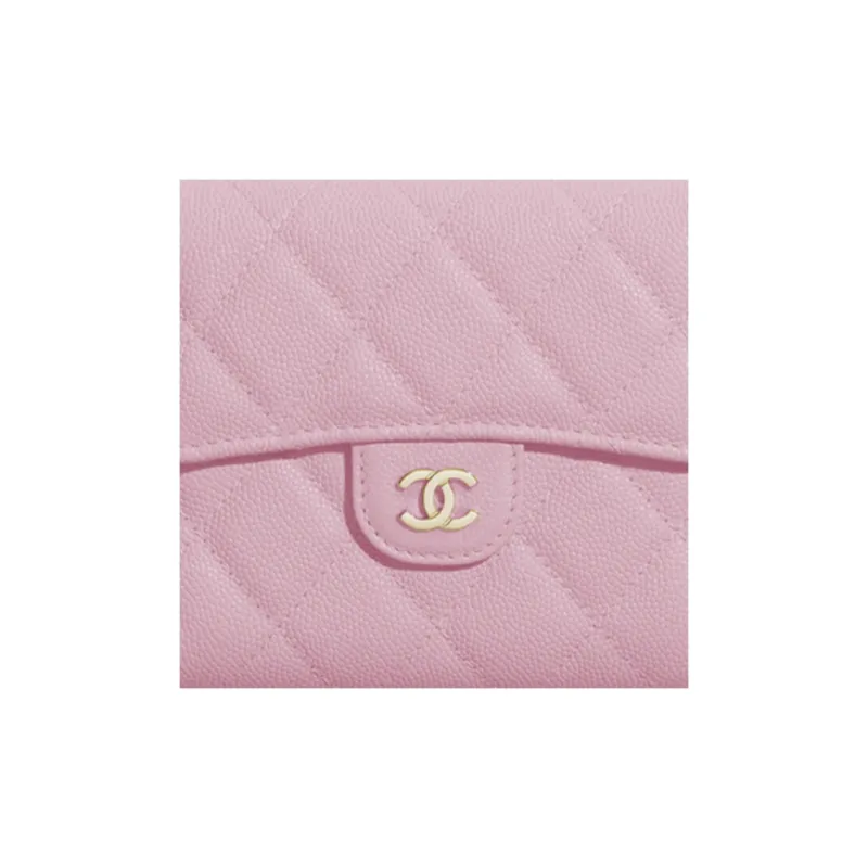 CHANEL Classic Flap CF Grain Embossed Shiny Calfskin With Gold Metal Wallet Trumpets Women's Pink-3