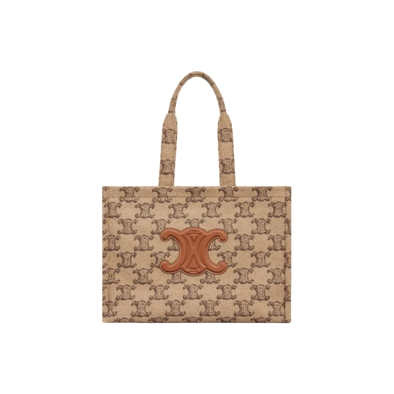 CELINE Triomphe Fabric With Calfskin Tote Bag Shopping Bag Handbag Large Size Women's Camel-3