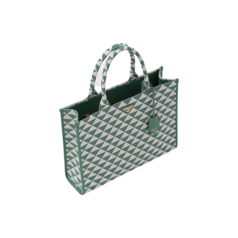 PRADA Symbole Fabric With Leather Tote Bag Shopping Bag Handbag Large Size Women's Sage Green With White Agate Accents-1
