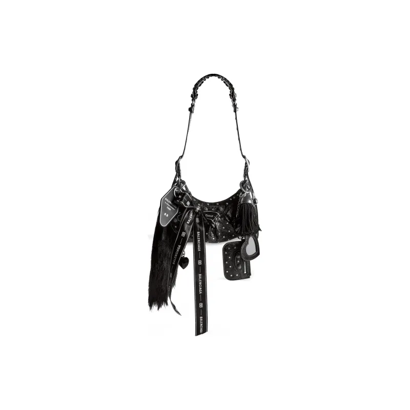 Balenciaga Le Cagole Fine Grained Sheepskin Adorned With Rhinestones Handbag Shoulder Bag Mini Women's Black-0