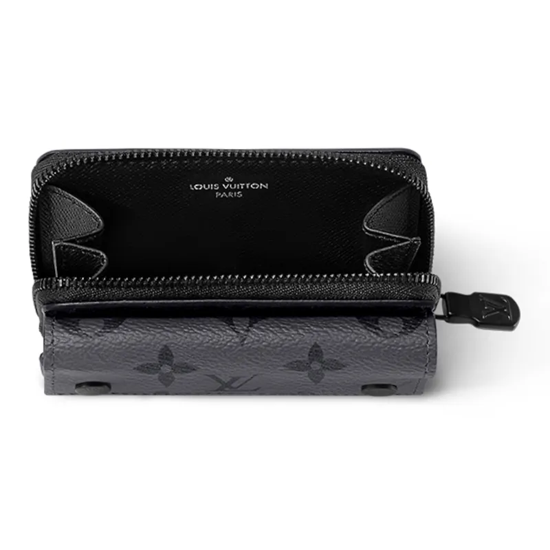 LOUIS VUITTON Coated Canvas Cow Leather Patchwork Trim Wallet Men's Black & Gray-3