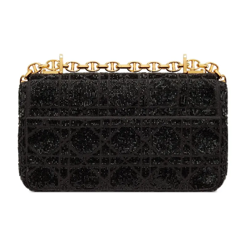 DIOR Caro Micro Pearl Embroidery Cannage Cotton Fabric Shoulder Bag, Crossbody Bag Small Size Women's Black-2