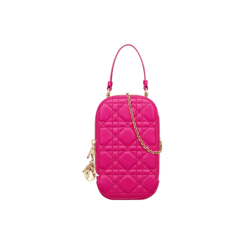 DIOR Lady Dior Sheepskin Portable One Shoulder Crossbody Cell Phone Pouch Women's Pink-0