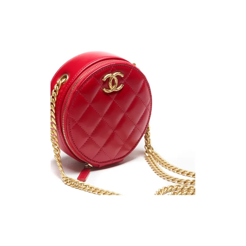 CHANEL 22K Autumn And Winter Sheepskin Evening Bag, Round Bag, One Shoulder Crossbody Clutch Regular Women's Red-3