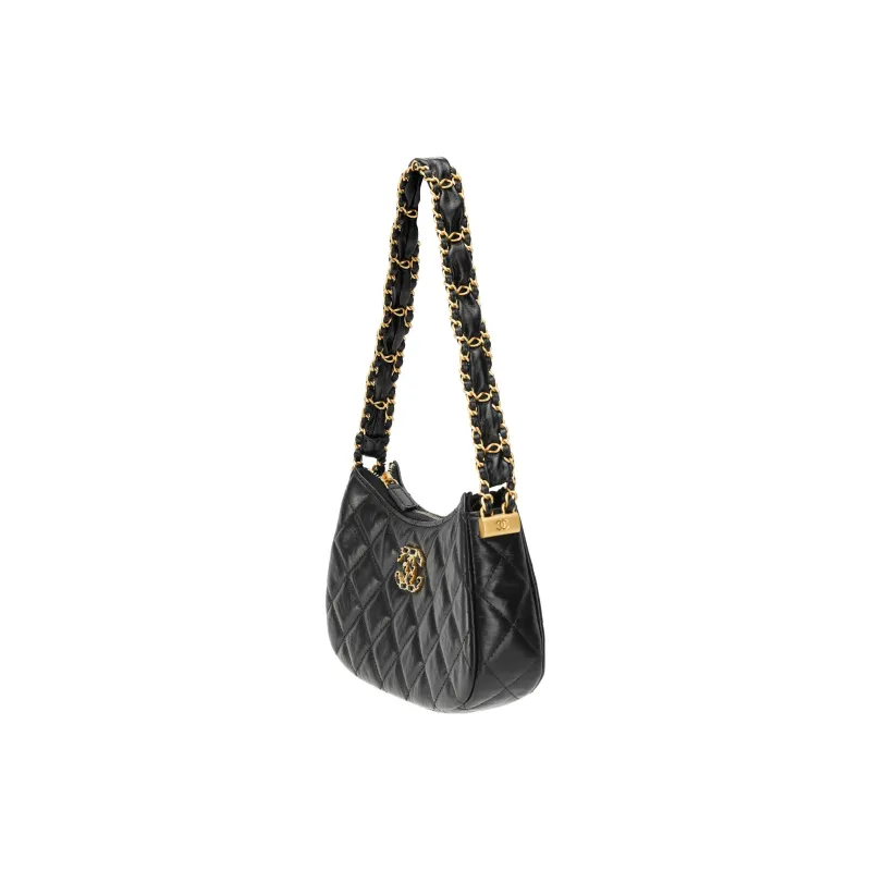 CHANEL Cow Leather Shoulder Bag, Hobo Bag, Handbag Trumpets Women's Black-1