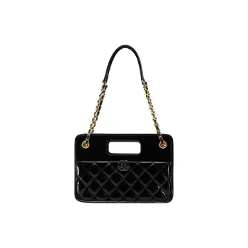 CHANEL 23P SS Patent Calfskin Tote Bag Shopping Bag Shoulder Bag Crossbody Bag Handbag Small Size Women's Black