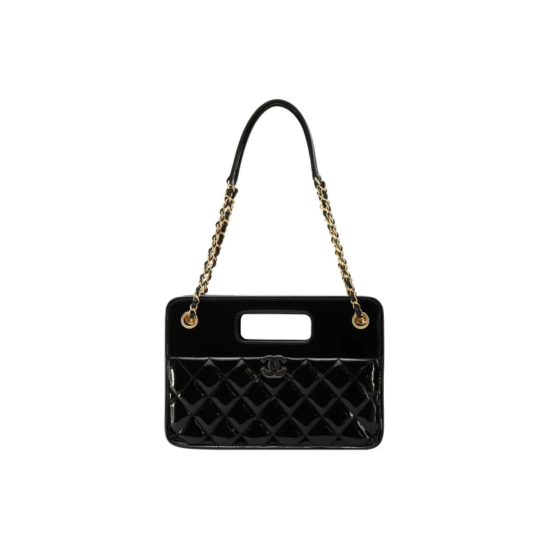 CHANEL 23P SS Patent Calfskin Tote Bag Shopping Bag Shoulder Bag Crossbody Bag Handbag Small Size Women's Black-0