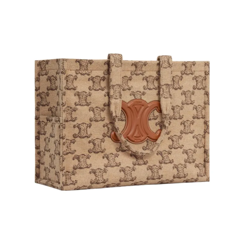 CELINE Triomphe Fabric With Calfskin Tote Bag Shopping Bag Handbag Large Size Women's Camel-1