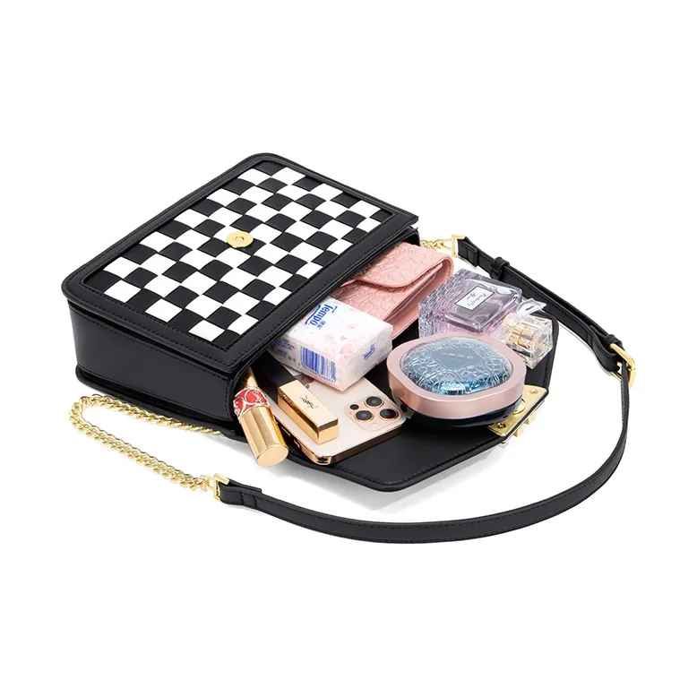 MAKEUP KITTEN With Cow Leather Small Square Bag, Crossbody Bag, Shoulder Bag Women's Black-5
