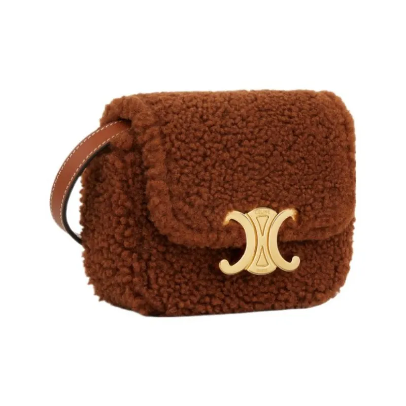 CELINE Triomphe Shearling With Calfskin Trim Shoulder Bag Crossbody Bag Mini Women's Fox Red-1