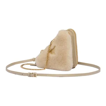 PRADA Shearling Bonded Leather One Shoulder Crossbody Clutches Mini Women's Light Brown