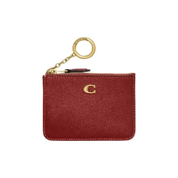 COACH Mini Id Skinny Cross-Stitch Leather Coin Purses Card Holders Mini Women's Enamel Red
