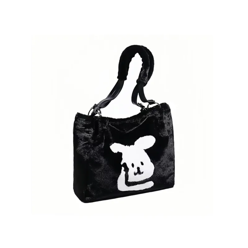 UNITE STAR Plush Tote Bag Shopping Bag Shoulder Bags Women's Black/White/Khaki-1
