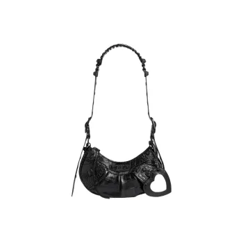 Balenciaga Le Cagole Crocodile Embossed Cow Leather Shoulder Bag, Portable Crossbody Bag Mini Women's Black