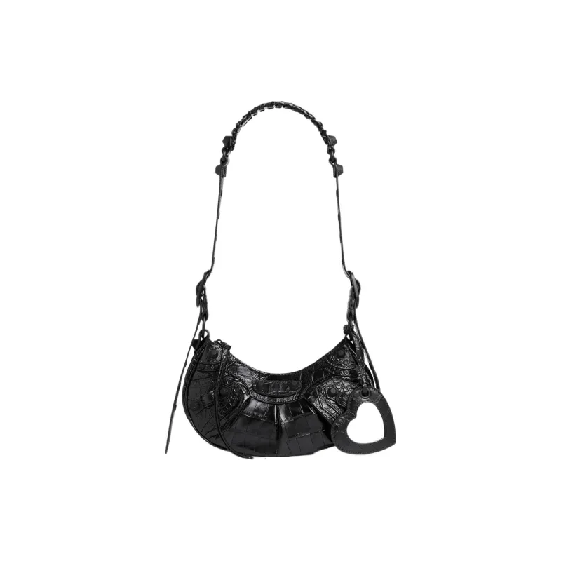 Balenciaga Le Cagole Crocodile Embossed Cow Leather Shoulder Bag, Portable Crossbody Bag Mini Women's Black-0