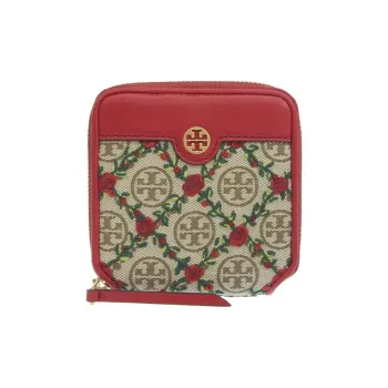 TORY BURCH T Monogram Canvas Leather Coin Purses Wallets Regular Women's Red